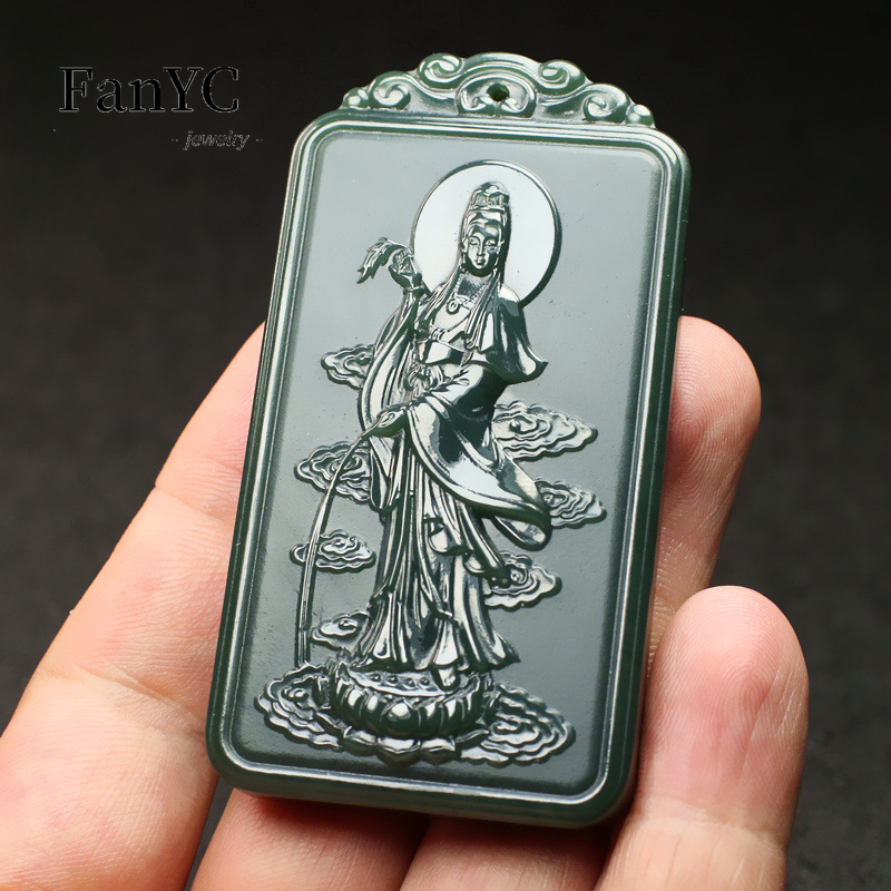 Ethnic Fashion Men - Naturalny naszyjnik Hetian Jade Qingyu Guanyin